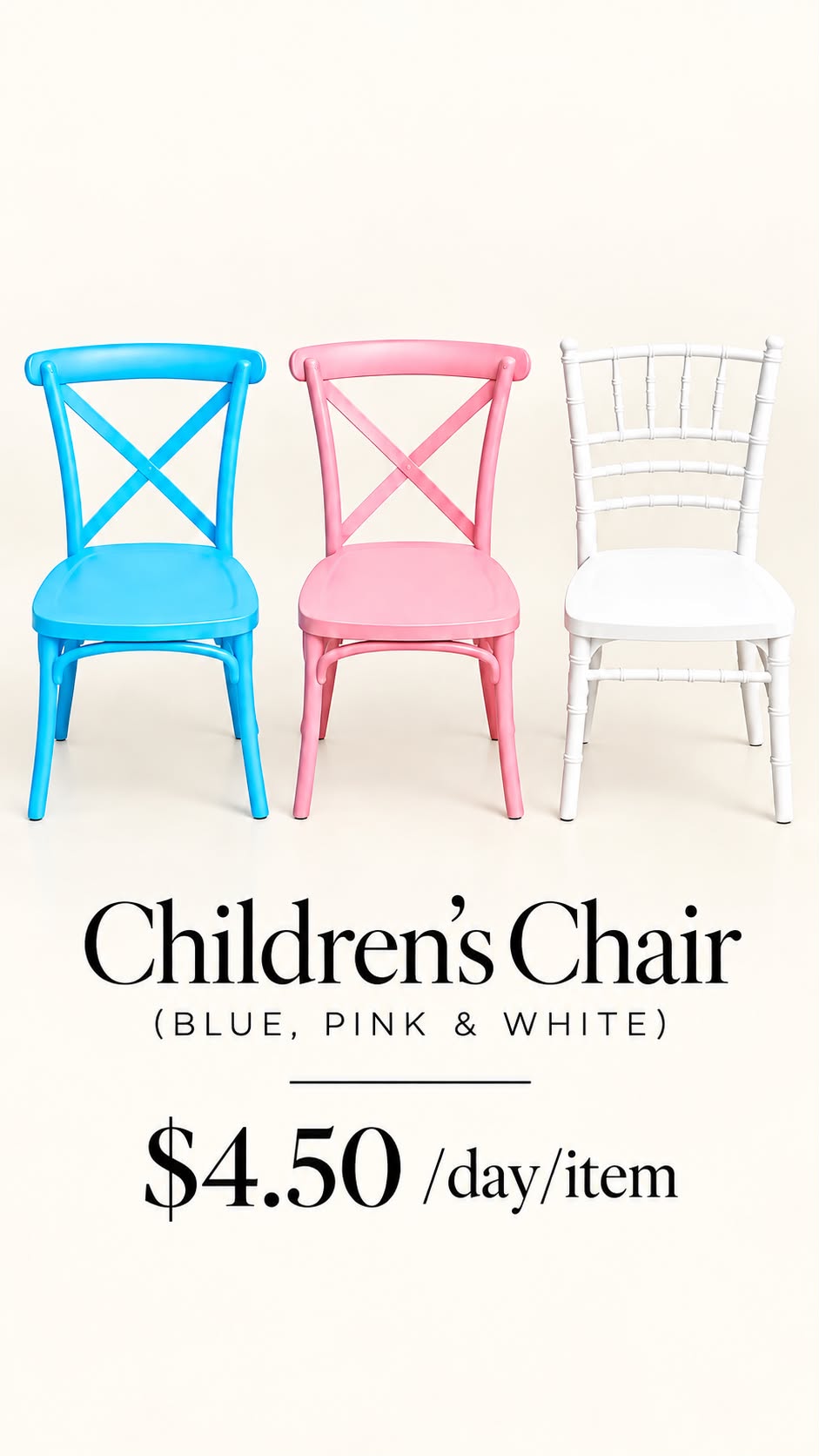 Children's chair rental in blue pink and white