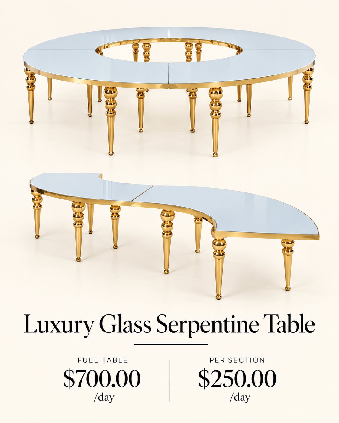 Luxury glass serpentine table rental